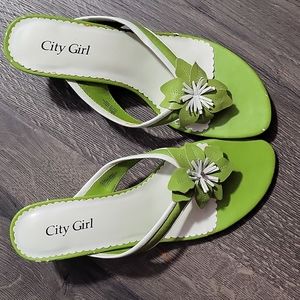 Green and white heel sandals
